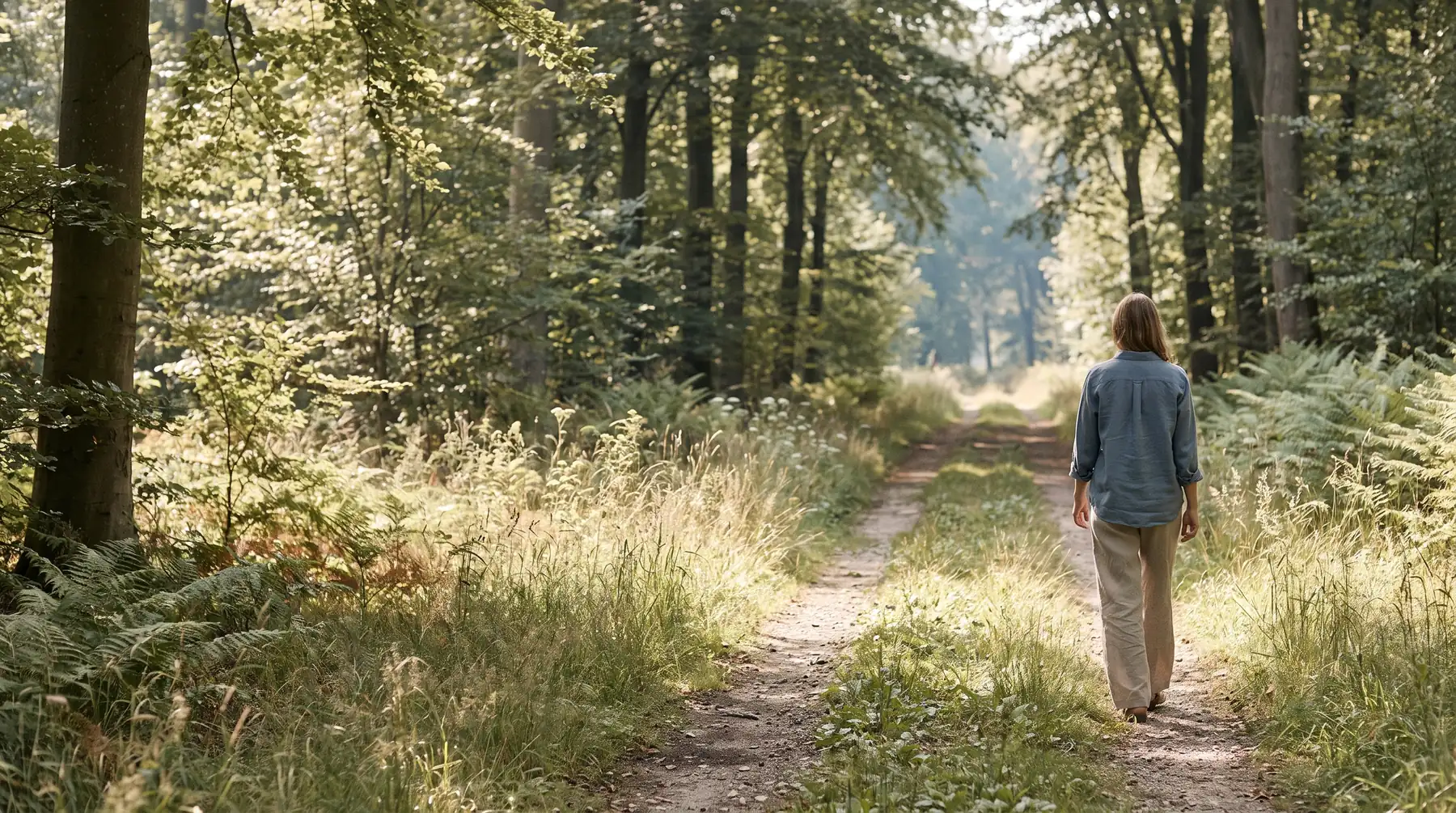 Waldweg mit hohem Gras und Farn im Sommerlicht