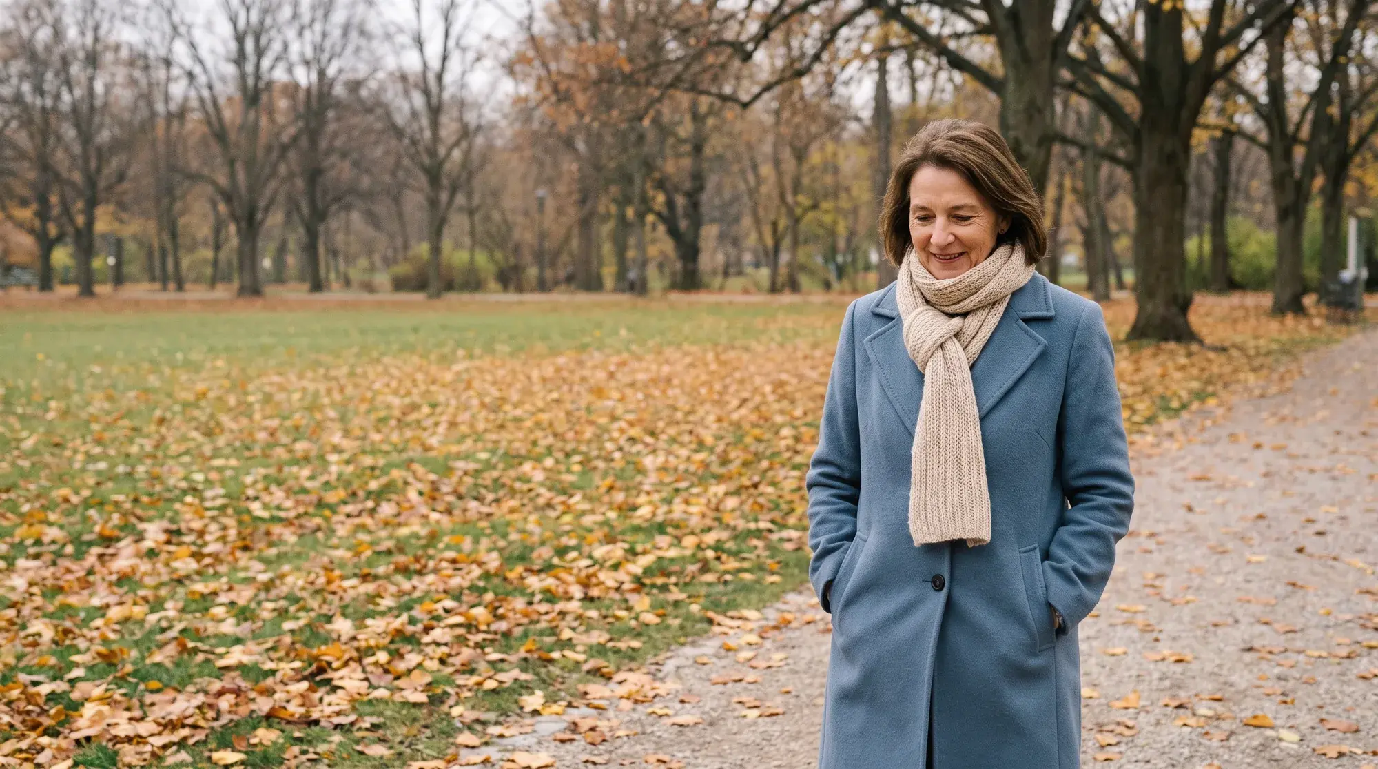 Frau geht im Herbst mit Schal entspannt durch einen Park