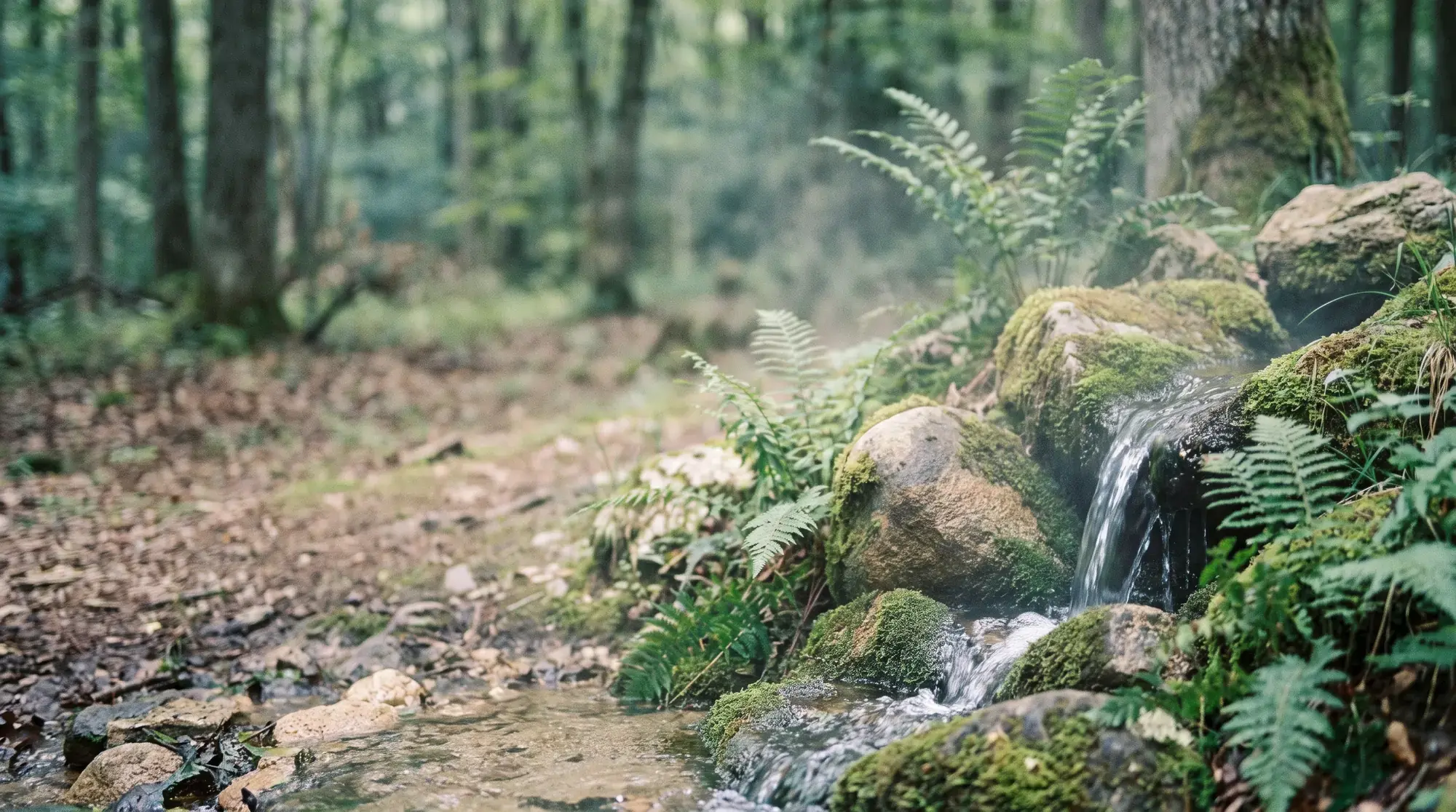Klare Quelle zwischen bemoosten Steinen im Wald