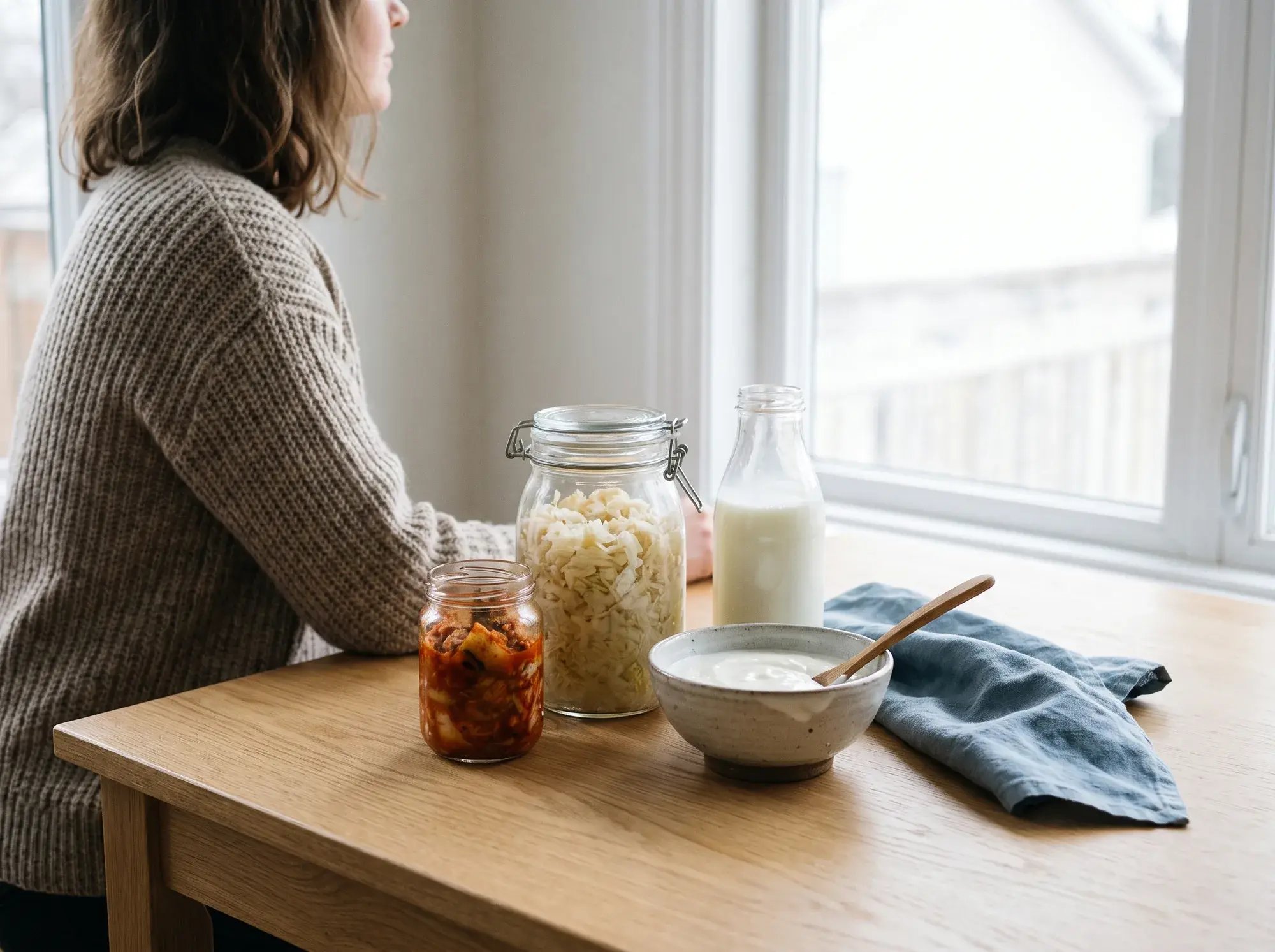 Fermentierte Lebensmittel auf einem Holztisch: Sauerkraut, Kimchi, Kefir und Naturjoghurt