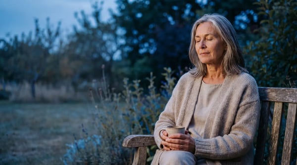 Frau mit Strickjacke sitzt am Abend ruhig im Garten, die Hände um eine warme Tasse